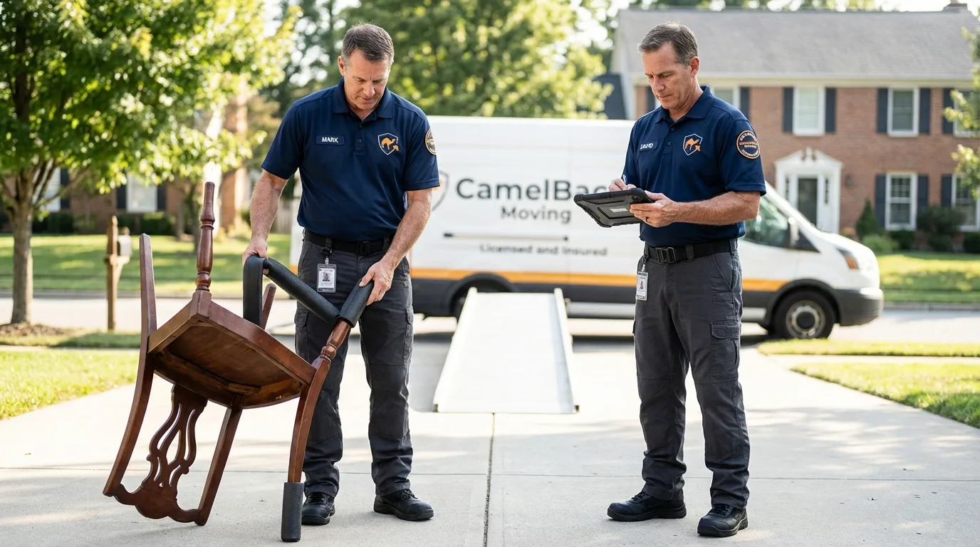 Movers inspecting furniture for damage prevention before loading in Castle Dale, UT