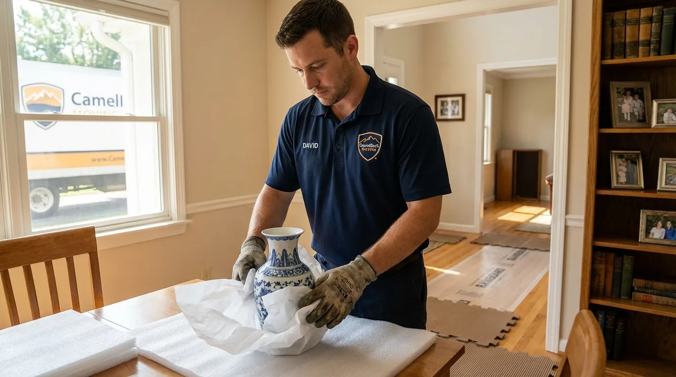 Professional crew carefully wrapping antique vase for senior downsizing move in Castle Dale, UT